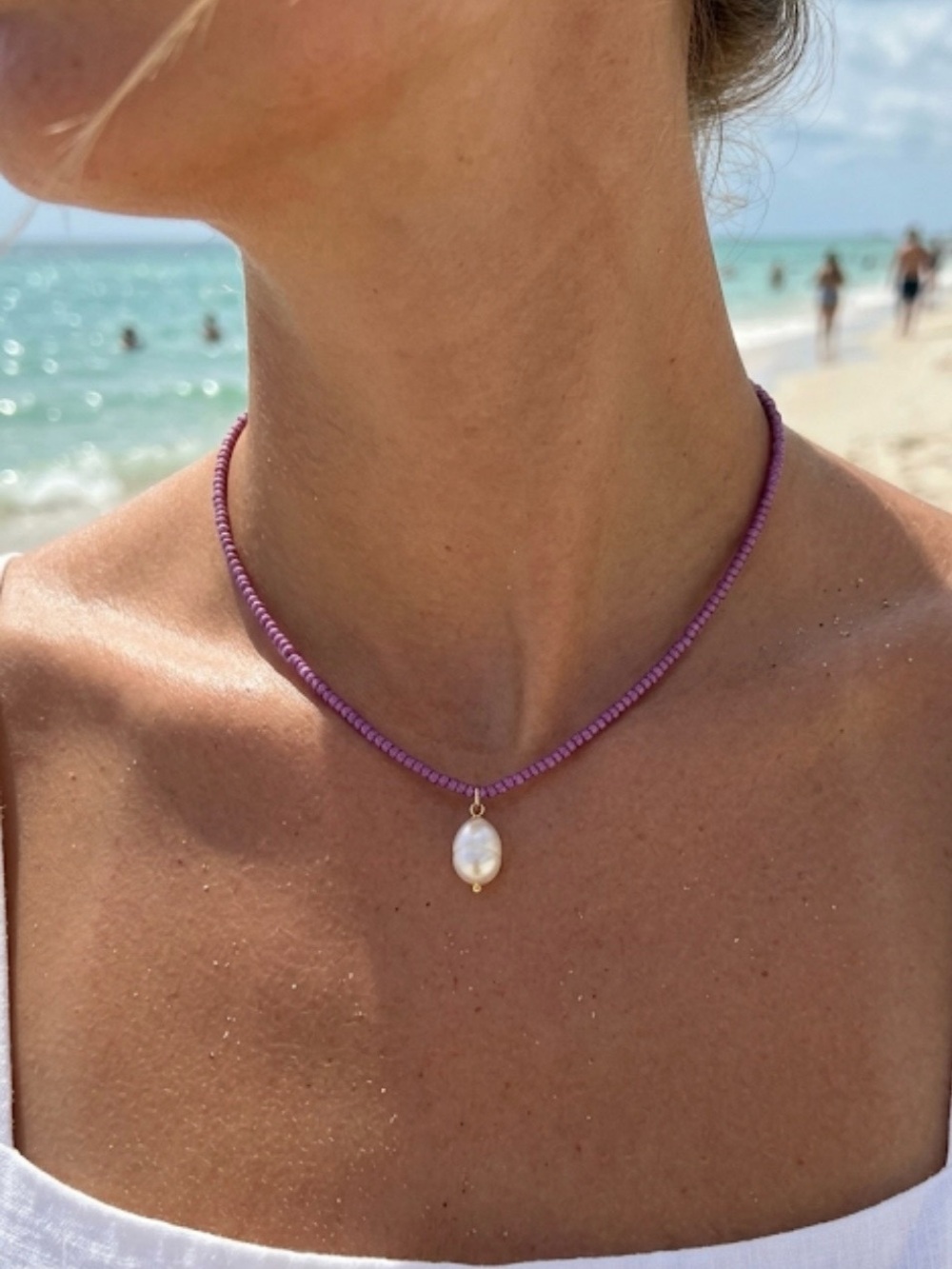 Purple Beaded Necklace with Pearl Pendant